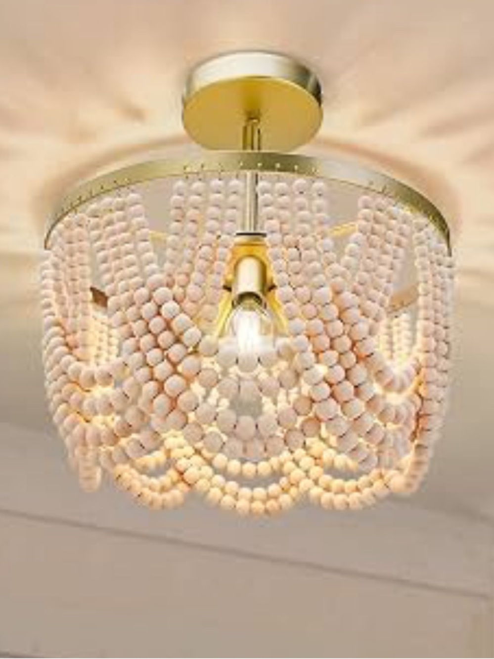 3-Light Boho Wood Beaded Chandelier Light Fixture, Gold and Oak Finish